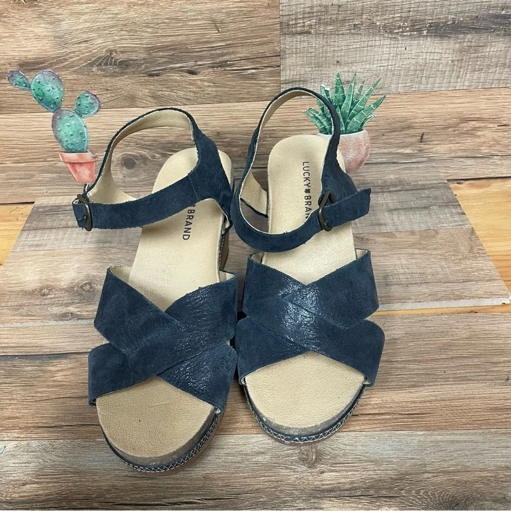 Lucky Brand Harvia platform sandals Women's 8 Black leather wood block Heel